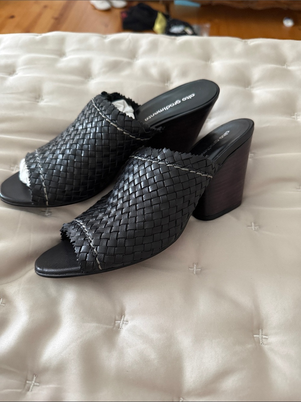 Black Woven Leather Block Heel Mule by alto gradimento size 37 Made In Italy